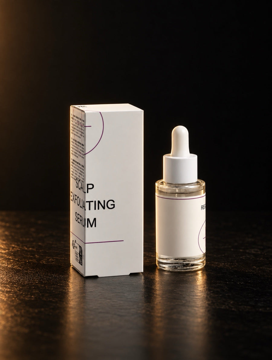 Scalp Exfoliating Serum. The bottle and carton, front on.