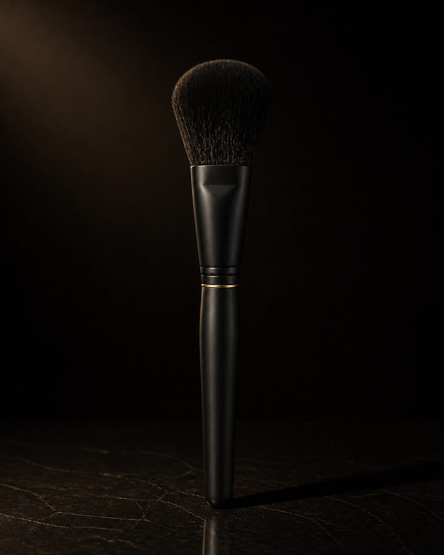 Tapered Powder Brush — standing alone, complete — under a single warm gold light on black.