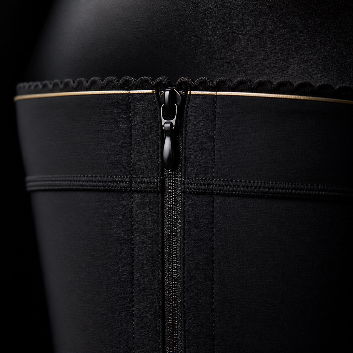 Under-Bust Zip Bodysuit — the working end at magnification — under a single warm gold light on black.